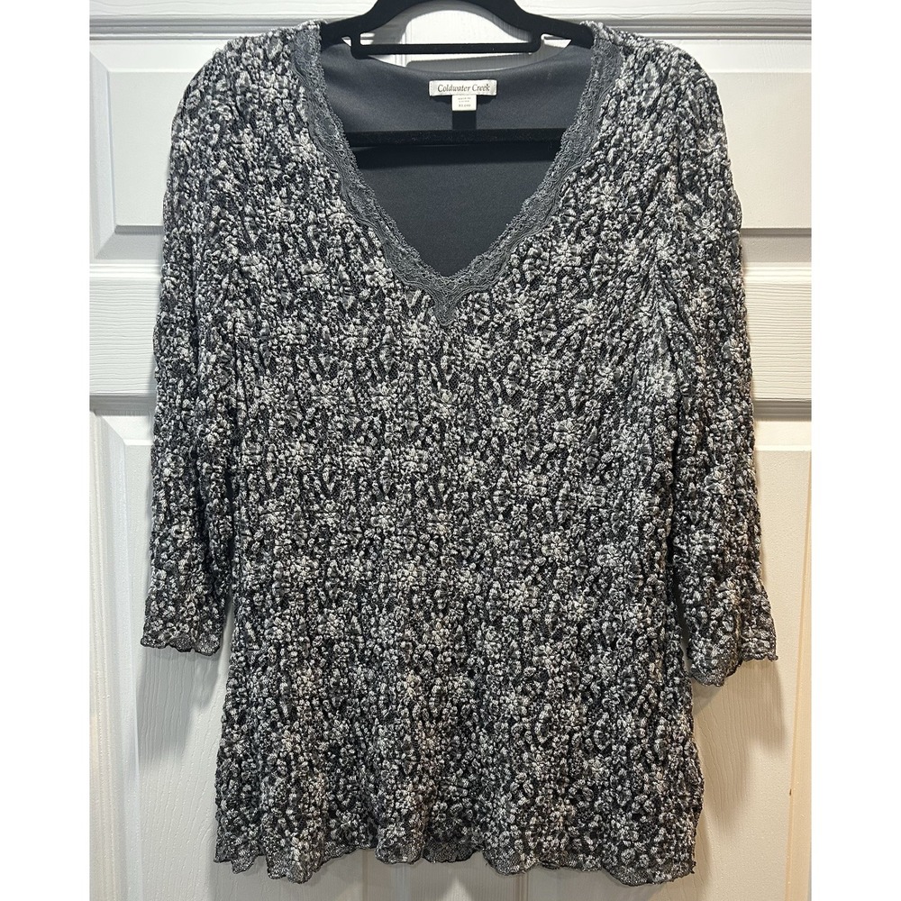 Coldwater Creek  Cross Dye Lace Lined Classy Stretch Shirt Blouse Gray XL